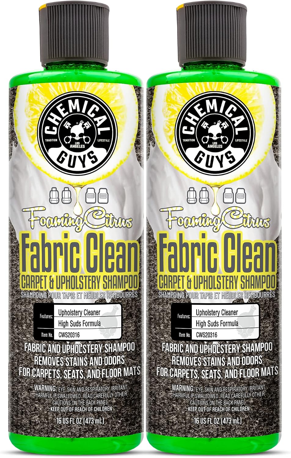 Chemical Guys CWS2031602 Foaming Citrus Fabric Clean Carpet & Upholstery Shampoo & Odor Eliminator, 16 fl oz, 2 Pack