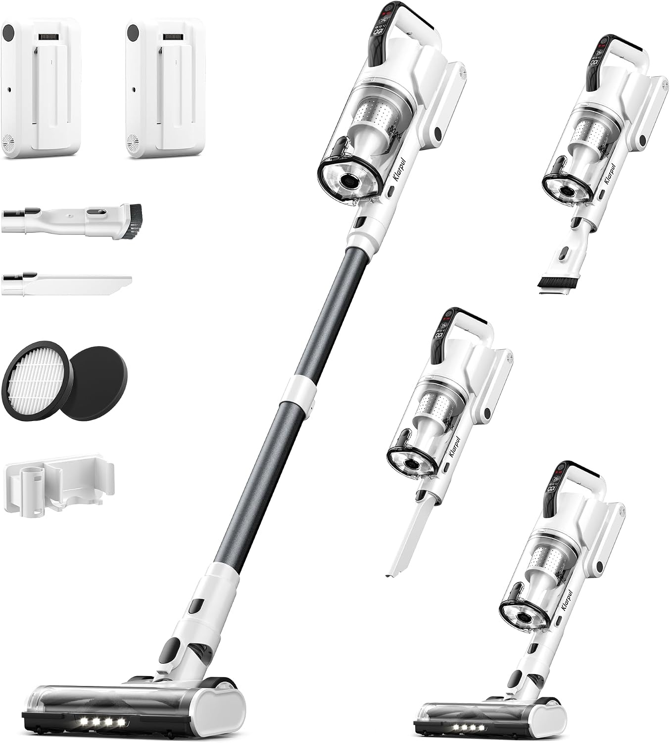 Klarpul Cordless Vacuum Cleaner with two batteries and self-standing design